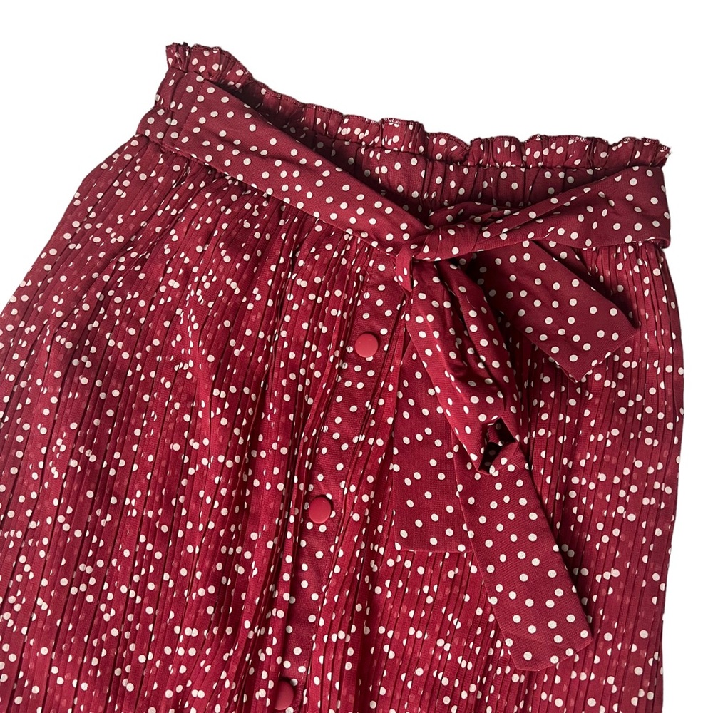 Zara Maxi Skirt Pleated Burgandy with White Polka Dots - Picture 2 of 6